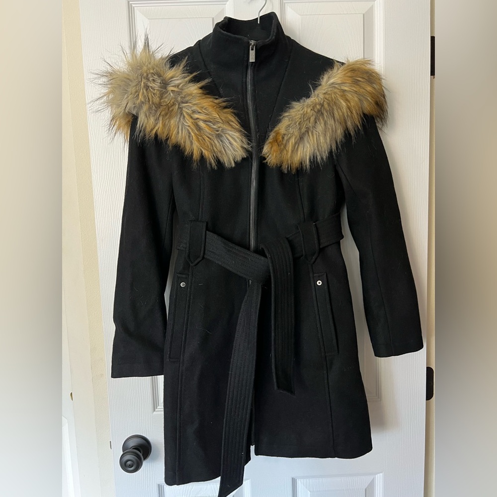 RACHEL Rachel Roy Black Wool Blend Trench Coat with Fur Trim